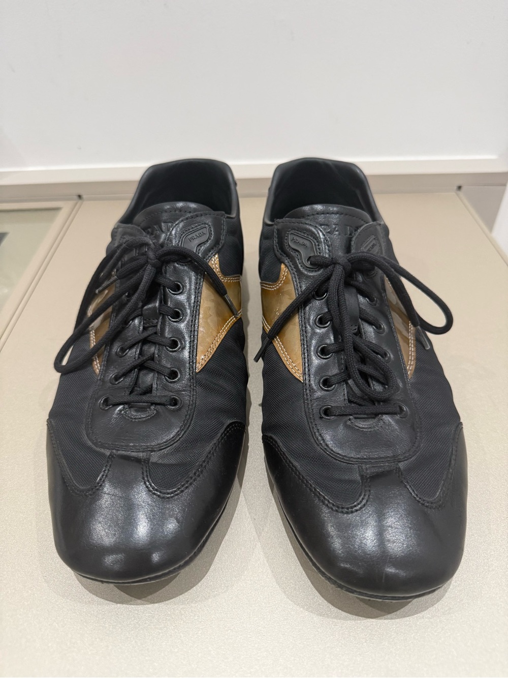 Prada Black Sneakers with Tan Panel Accents